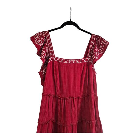 Knox Rose Dress Embroidered Tiered Ruffle Sleeve Dress Boho Red Pockets Size M - Picture 3 of 9